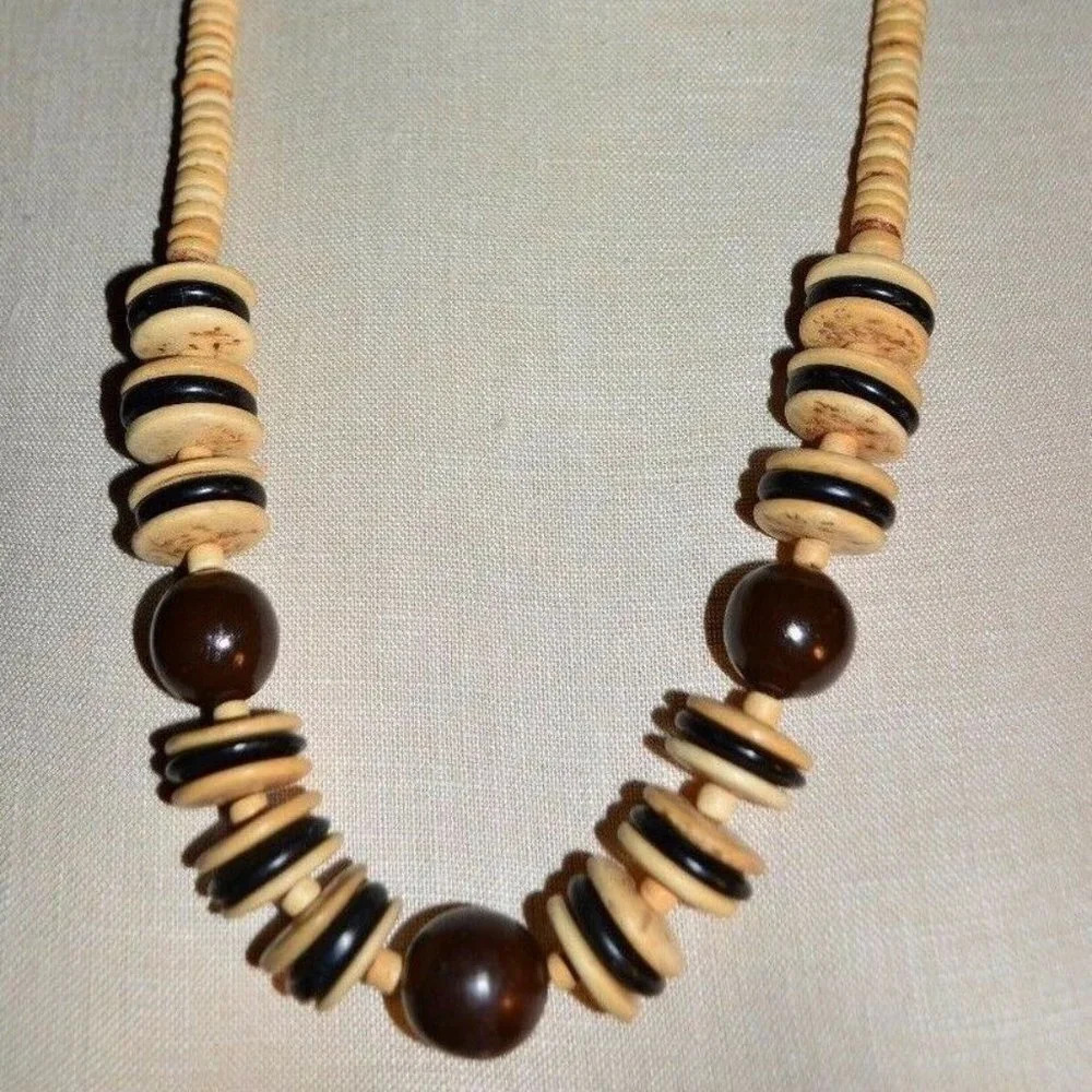 Brown Beige Black Wood Beaded Tribal Necklace